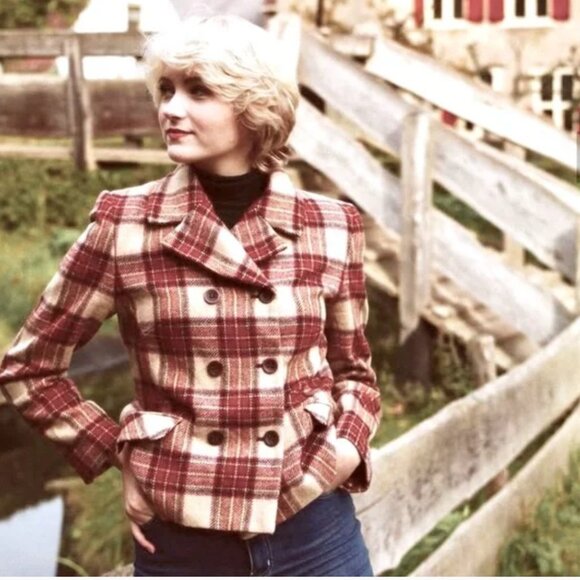 Laura Ashley 100% Wool Burgundy Tan Plaid Double Breasted Blazer Size 8 Preppy - Picture 1 of 9